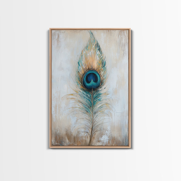 Blue Peacock Feather Wall Art, Boho Bird Feather Canvas Wall Decor, Teal Gold Nature Print, Neutral Living Room Decor, Home Decor