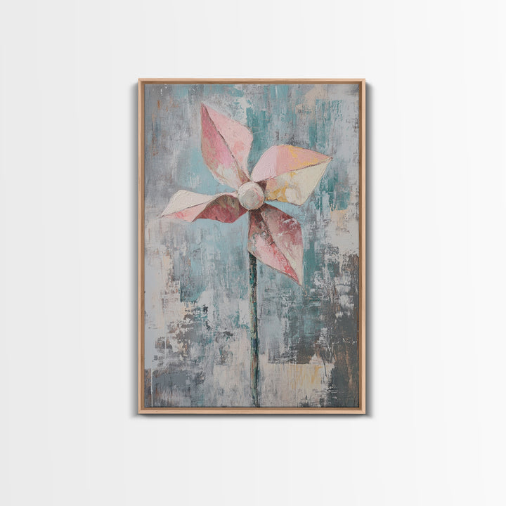 Pink Paper Pinwheel Minimalist Canvas Print, Whimsical Nursery Wall Art, Soft Pastel Playroom Decor Gift For Kids Room Home Decor