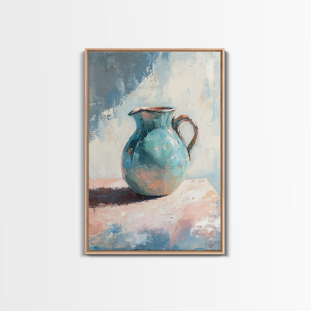 Turquoise Ceramic Pitcher Canvas Print, Rustic Kitchen Wall Art, Coastal Home Decor, Still Life Painting, Gift For Her, Fine Art