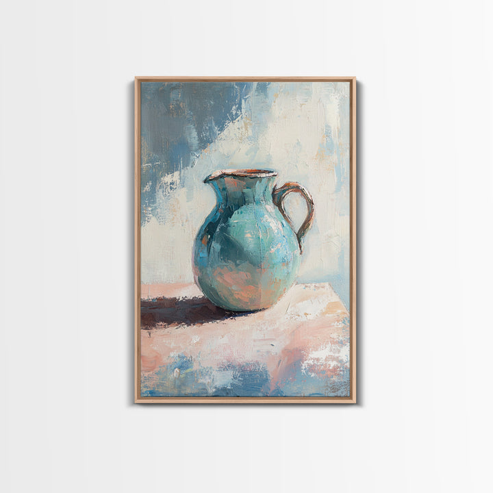 Turquoise Ceramic Pitcher Canvas Print, Rustic Kitchen Wall Art, Coastal Home Decor, Still Life Painting, Gift For Her, Fine Art