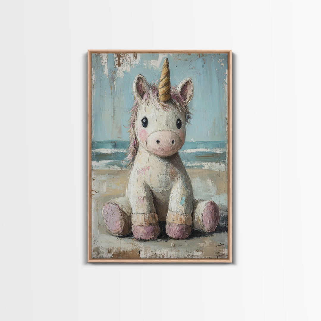 Cute Sitting Unicorn Nursery Wall Art, Whimsical Animal Canvas Print, Girls Room Decor, Magical Baby Shower Gift For Her