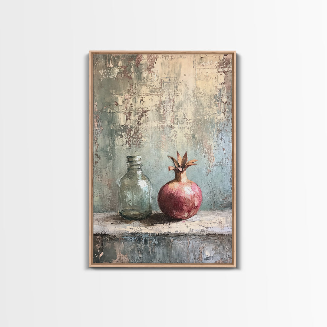 Pomegranate And Glass Bottle Still Life Wall Art, Rustic Fruit Canvas Print, Neutral Kitchen Decor, Housewarming Gift For Her