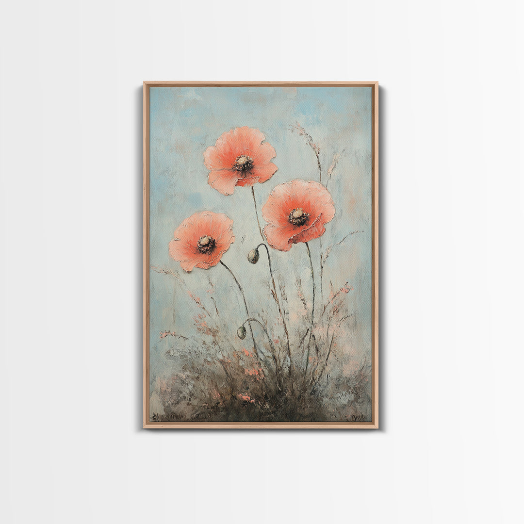 Coral Poppy Flowers On Blue Background Wall Art, Botanical Canvas Print, Floral Wall Decor For Bedroom Home Decor Gift For Her