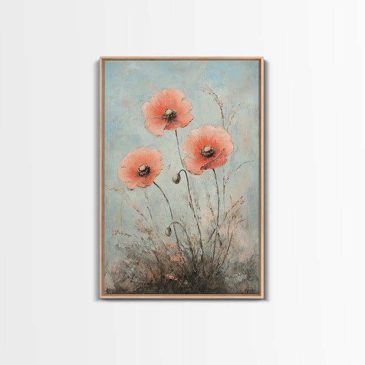 Coral Poppy Flowers On Blue Background Wall Art, Botanical Canvas Print, Floral Wall Decor For Bedroom Home Decor Gift For Her