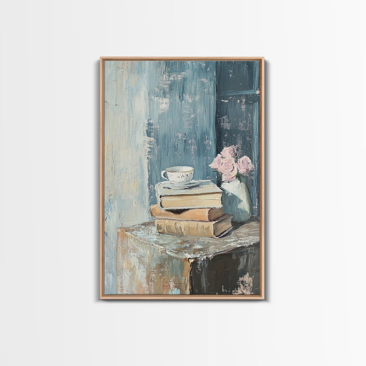 Stacked Books With Teacup And Pink Flowers Canvas Print, Cozy Reading Nook Wall Art, Library Home Decor Gift For Her