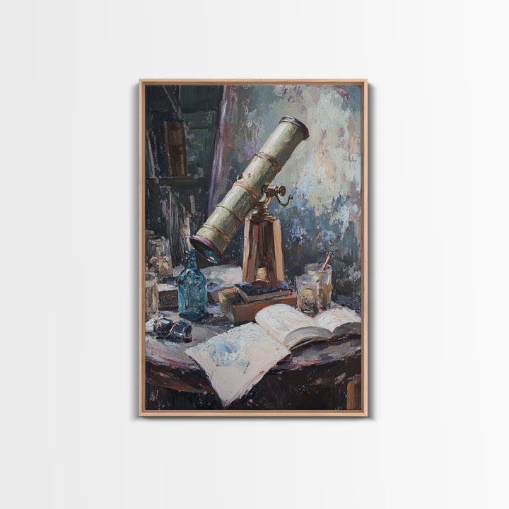 Antique Telescope Books And Open Journal Wall Art, Dark Academia Canvas Print, Astronomy Library Office Decor Gift For Him