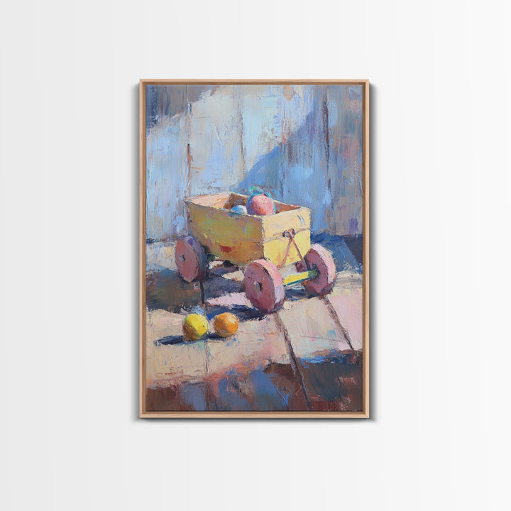 Yellow Toy Wagon With Fruit Still Life Canvas Print, Colorful Whimsical Wall Art, Kids Room Decor, Playroom Nursery Art Gift