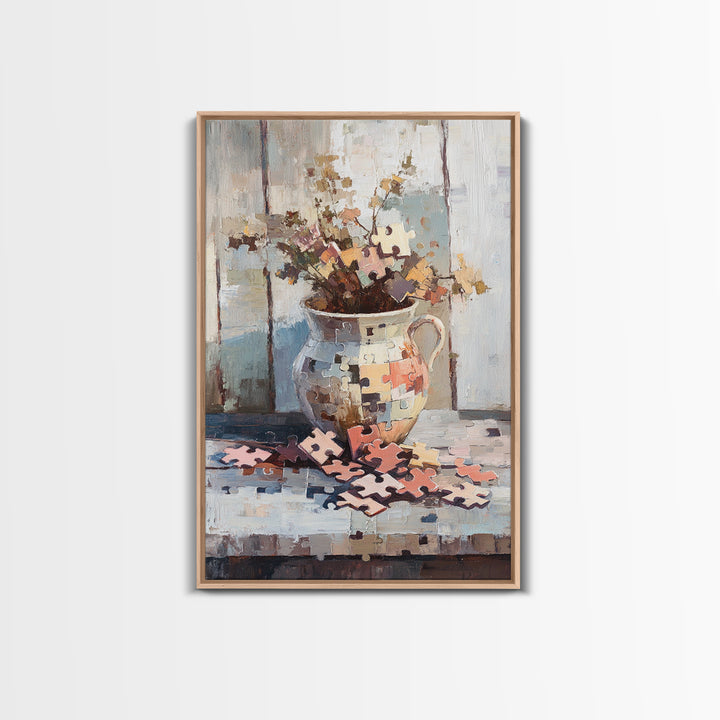 Puzzle Piece Bouquet In Ceramic Pitcher Canvas Print, Whimsical Wall Art, Unique Home Decor, Gallery Wall Art Gift For Her