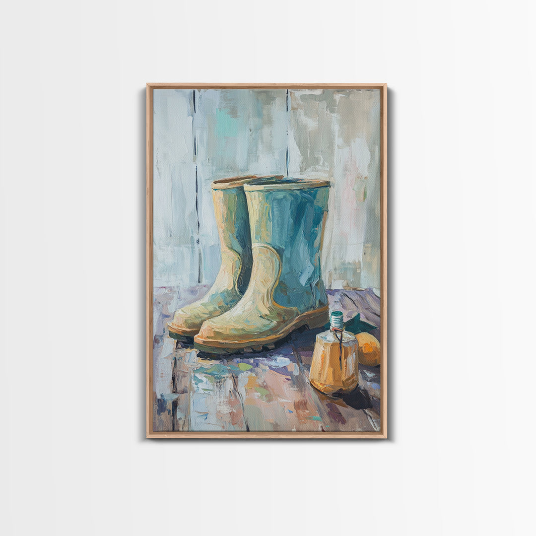 Blue Rain Boots And Small Jug Wall Art, Rustic Farmhouse Canvas Print, Country Home Decor, Mudroom Entryway Decor Gift For Her