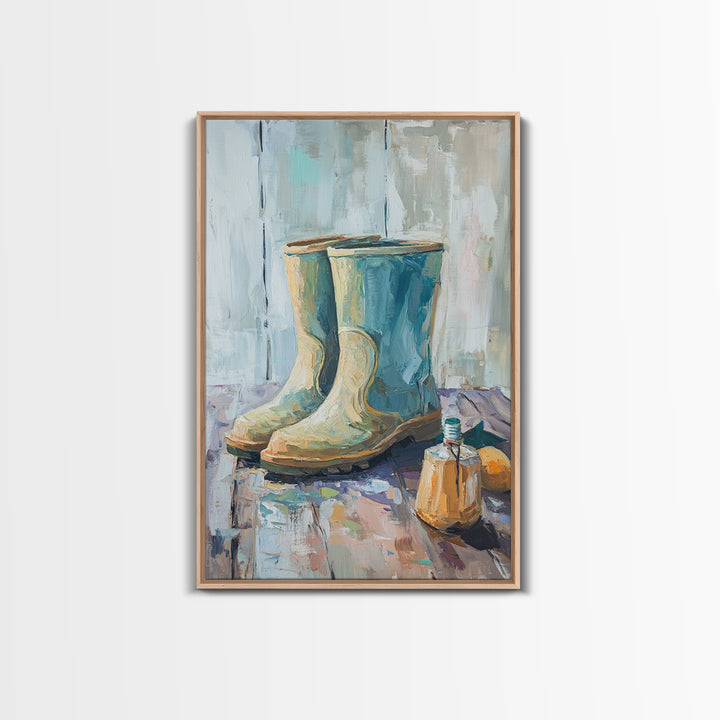 Blue Rain Boots And Small Jug Wall Art, Rustic Farmhouse Canvas Print, Country Home Decor, Mudroom Entryway Decor Gift For Her