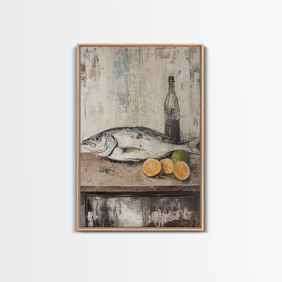 Fresh Fish With Citrus And Bottle Wall Art, Coastal Kitchen Canvas Print, Seafood Still Life, Rustic Dining Room Decor, Gift