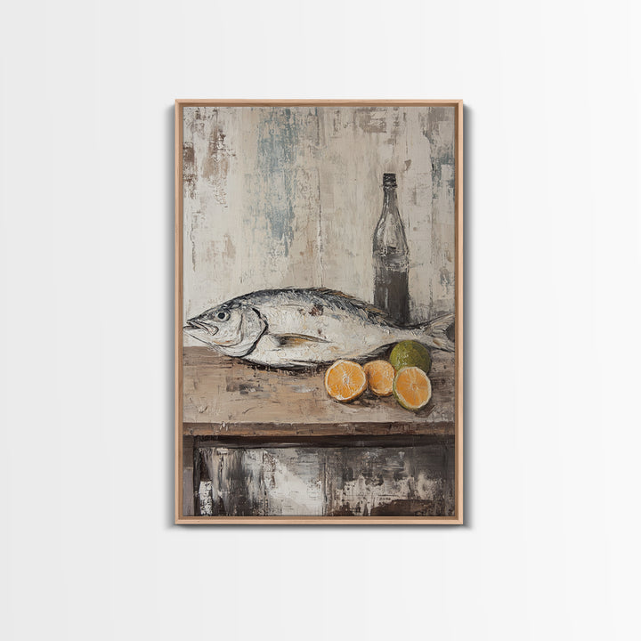 Fresh Fish With Citrus And Bottle Wall Art, Coastal Kitchen Canvas Print, Seafood Still Life, Rustic Dining Room Decor, Gift