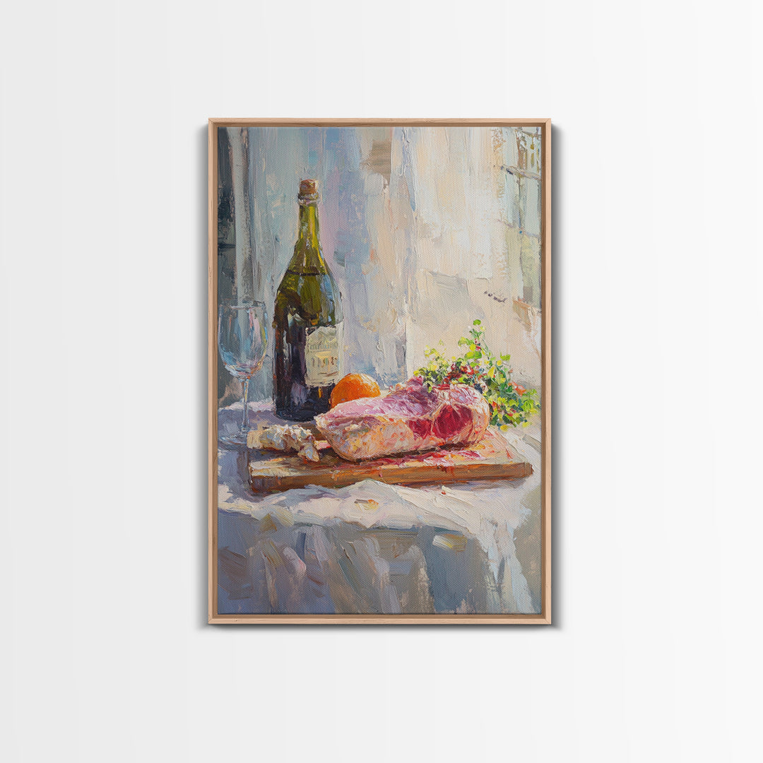 Wine Bottle And Steak Still Life Wall Art, French Kitchen Canvas Print, Dining Room Decor, Food Lover Gift, Rustic Home Decor