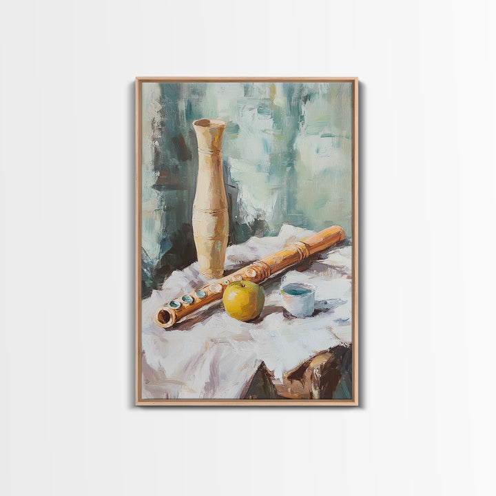Wooden Flute Vase And Lemon Still Life Wall Art, Music Room Canvas Print, Boho Kitchen Decor, Rustic Instrument Art Gift