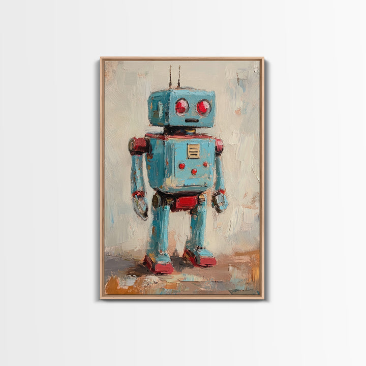 Whimsical Blue Toy Robot Oil Painting, Canvas Print For Kids Room Decor, Robot Wall Art, Sci Fi Nursery Art Gift, Modern Home Decor