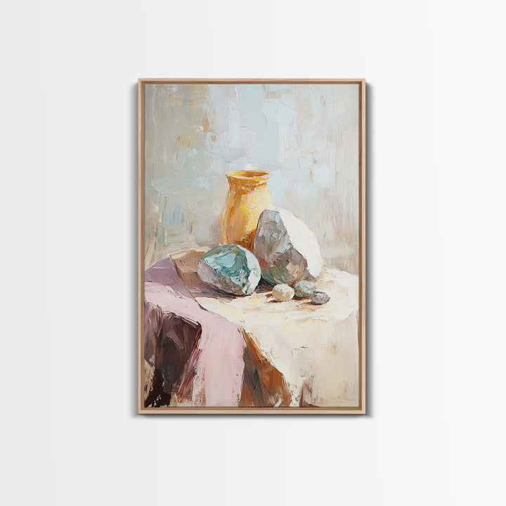 Neutral Stone And Amber Vase Still Life, Canvas Print For Minimalist Wall Art, Wabi Sabi Decor, Modern Home Decor, Fine Art Print