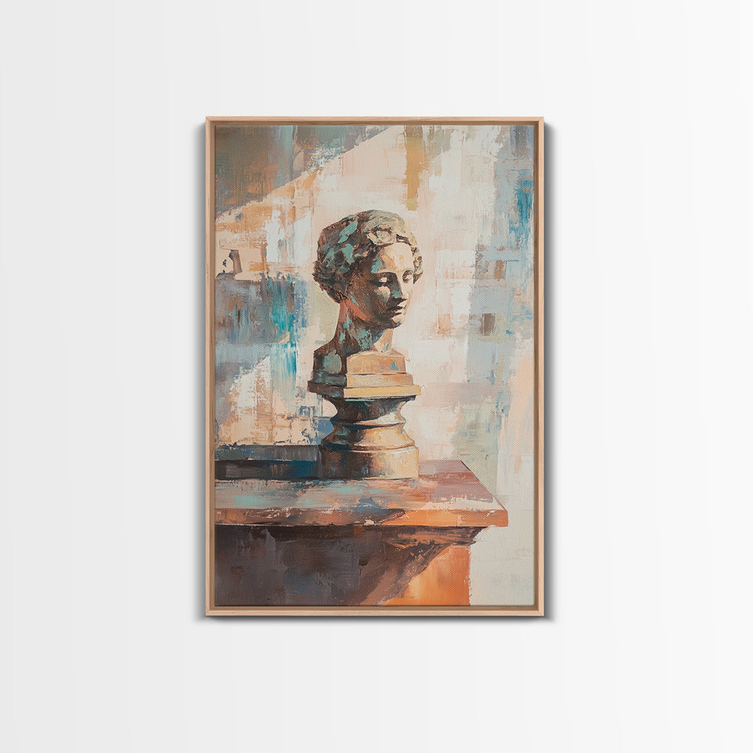 Classical Bust Sculpture On Wooden Shelf Painting, Canvas Print For Dark Academia Wall Art, Office Decor, Art History Gift