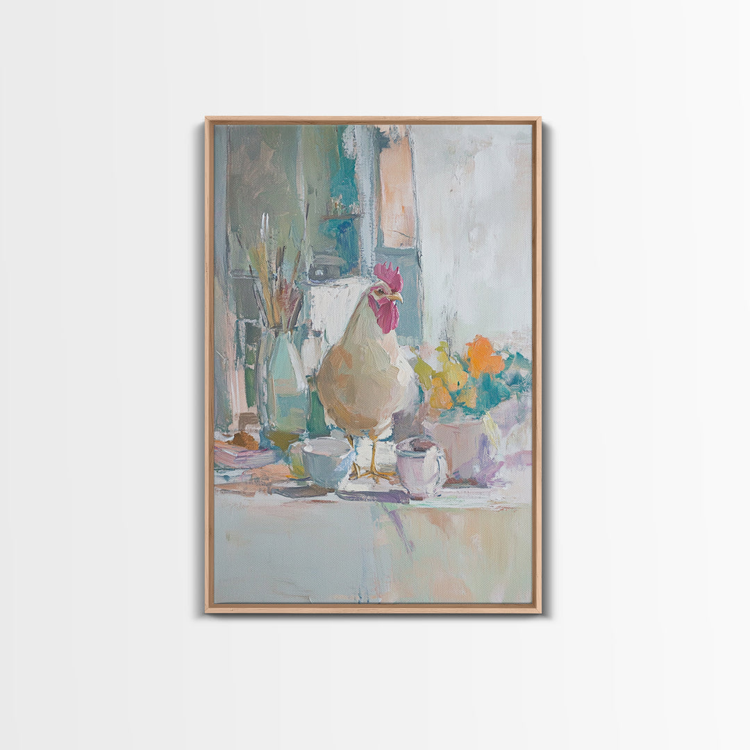 Charming Rooster On Kitchen Counter Painting, Canvas Print For Farmhouse Kitchen Wall Art, Rustic Country Decor, Chef Gift