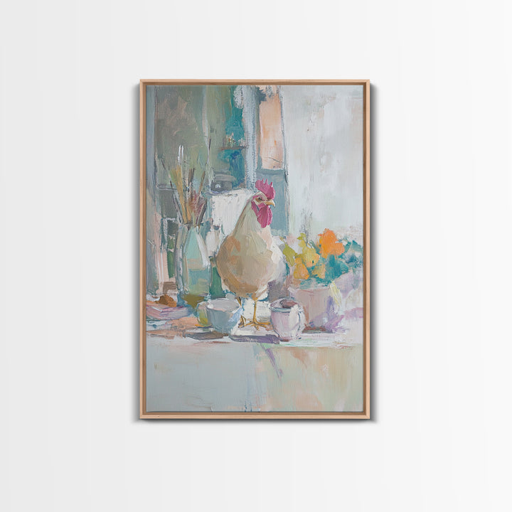 Charming Rooster On Kitchen Counter Painting, Canvas Print For Farmhouse Kitchen Wall Art, Rustic Country Decor, Chef Gift