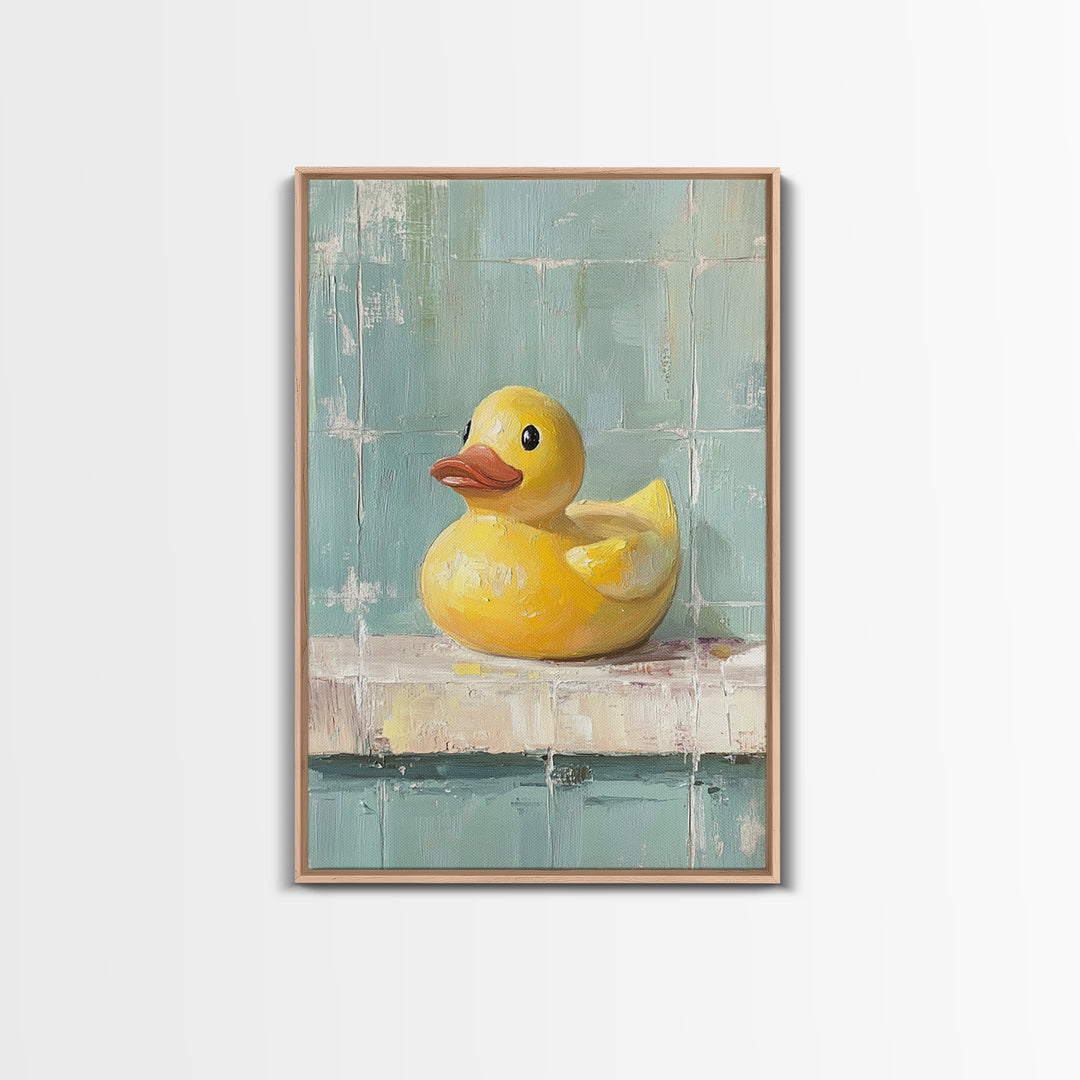 Bright Yellow Rubber Duck On Aqua Tile Painting, Canvas Print For Bathroom Wall Art, Funny Bathroom Decor, Kids Room Gift