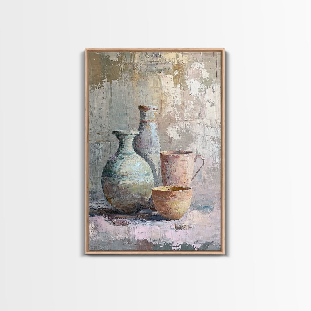 Textured Ceramic Vessels And Tea Cups Canvas Print, Neutral Kitchen Wall Art, Rustic Home Decor, Still Life Art Print Gift