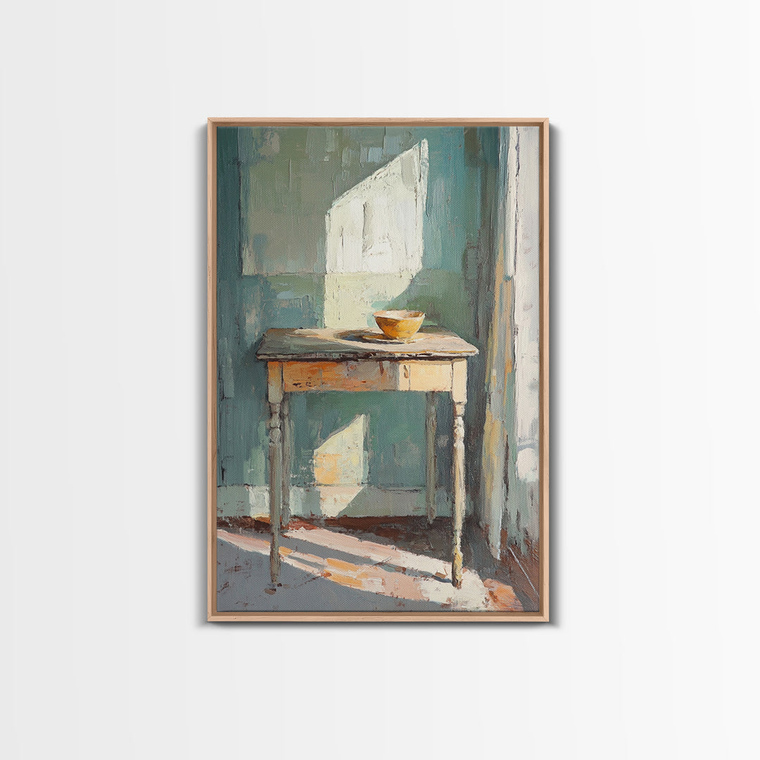 Sunlit Wooden Table With Orange Bowl Framed Canvas Print, Minimalist Wall Art, Japandi Decor, Neutral Home Decor Gift For Her