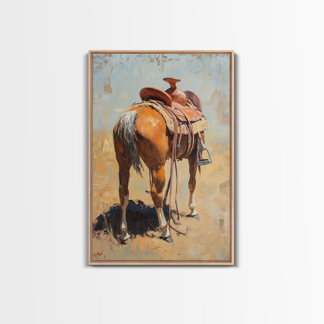 Saddled Chestnut Horse Western Canvas Print, Rustic Cowboy Wall Art, Equestrian Home Decor, Farmhouse Ranch Gift For Horse Lovers