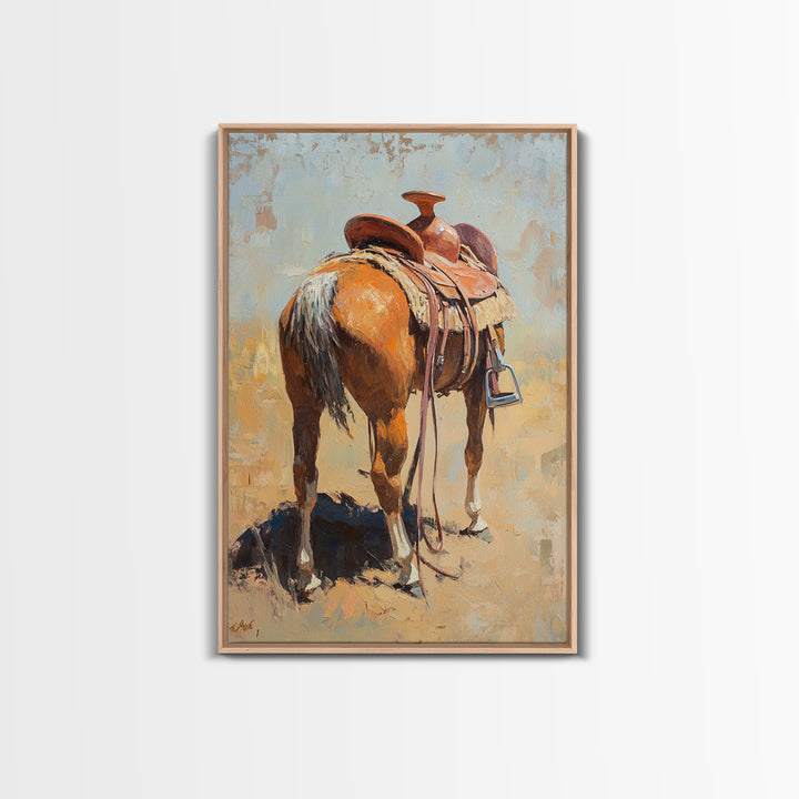 Saddled Chestnut Horse Western Canvas Print, Rustic Cowboy Wall Art, Equestrian Home Decor, Farmhouse Ranch Gift For Horse Lovers