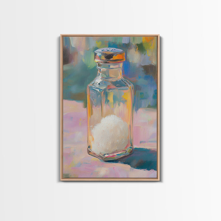 Colorful Glass Salt Shaker Canvas Print, Modern Kitchen Wall Art, Bright Still Life Painting, Dopamine Home Decor Gift Idea