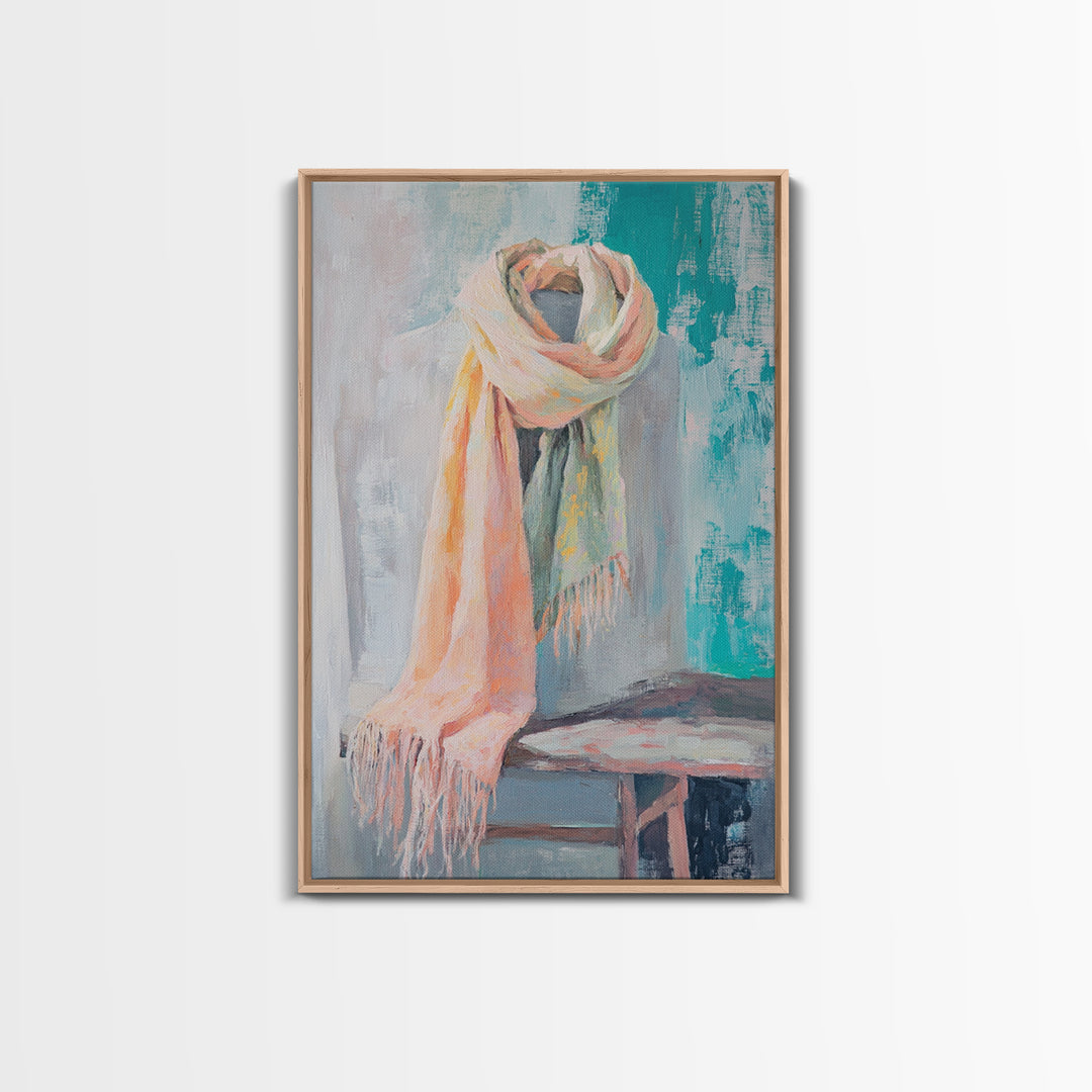 Soft Pastel Scarf On Dress Form Canvas Print, Feminine Wall Art, Fashion Studio Decor, Chic Neutral Bedroom Art Gift For Her