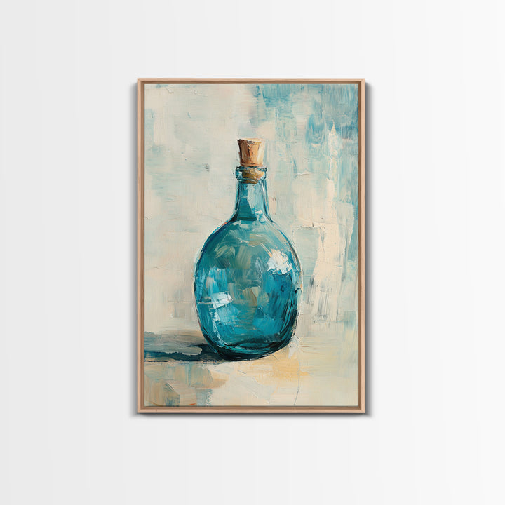 Turquoise Glass Bottle With Cork Canvas Print, Coastal Wall Art, Minimal Still Life Painting, Blue Bathroom Home Decor Gift