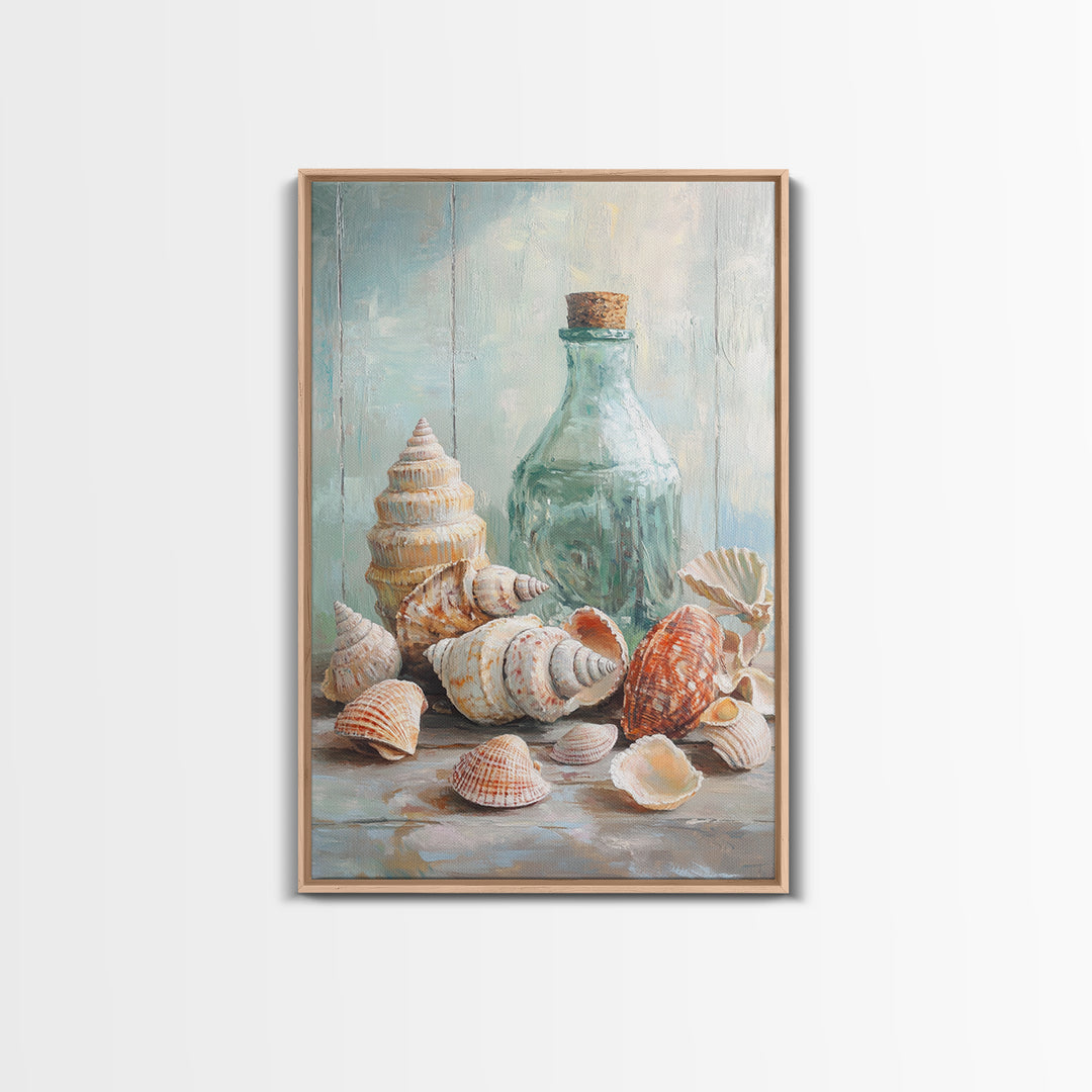 Sea Shells And Corked Glass Bottle Canvas Print, Coastal Wall Art, Beach House Decor, Nautical Bathroom Art, Ocean Print
