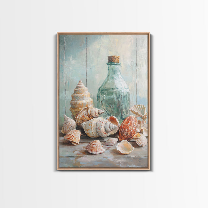 Sea Shells And Corked Glass Bottle Canvas Print, Coastal Wall Art, Beach House Decor, Nautical Bathroom Art, Ocean Print