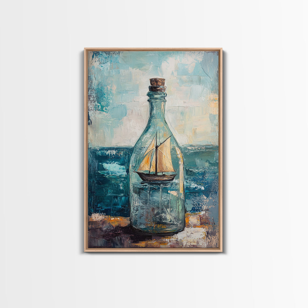 Ship In A Bottle Nautical Canvas Print, Coastal Wall Art, Sailboat Seascape, Ocean Decor, Beach House Statement Artwork Print