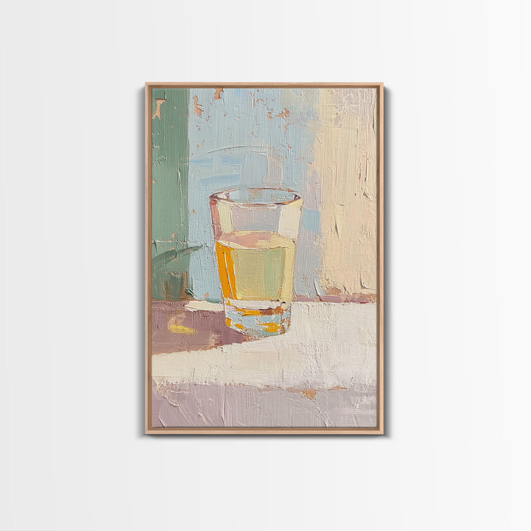 Minimal Glass Of Golden Tea Still Life Wall Art, Neutral Kitchen Decor, Modern Rustic Canvas Print, Soft Abstract Painting