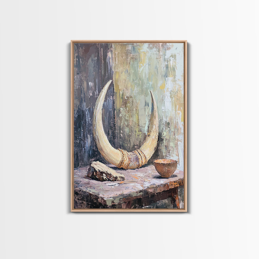 Curved Ivory Horn And Rustic Bowl Still Life Framed Canvas Print, African Inspired Wall Art, Tribal Decor, Moody Neutral Art