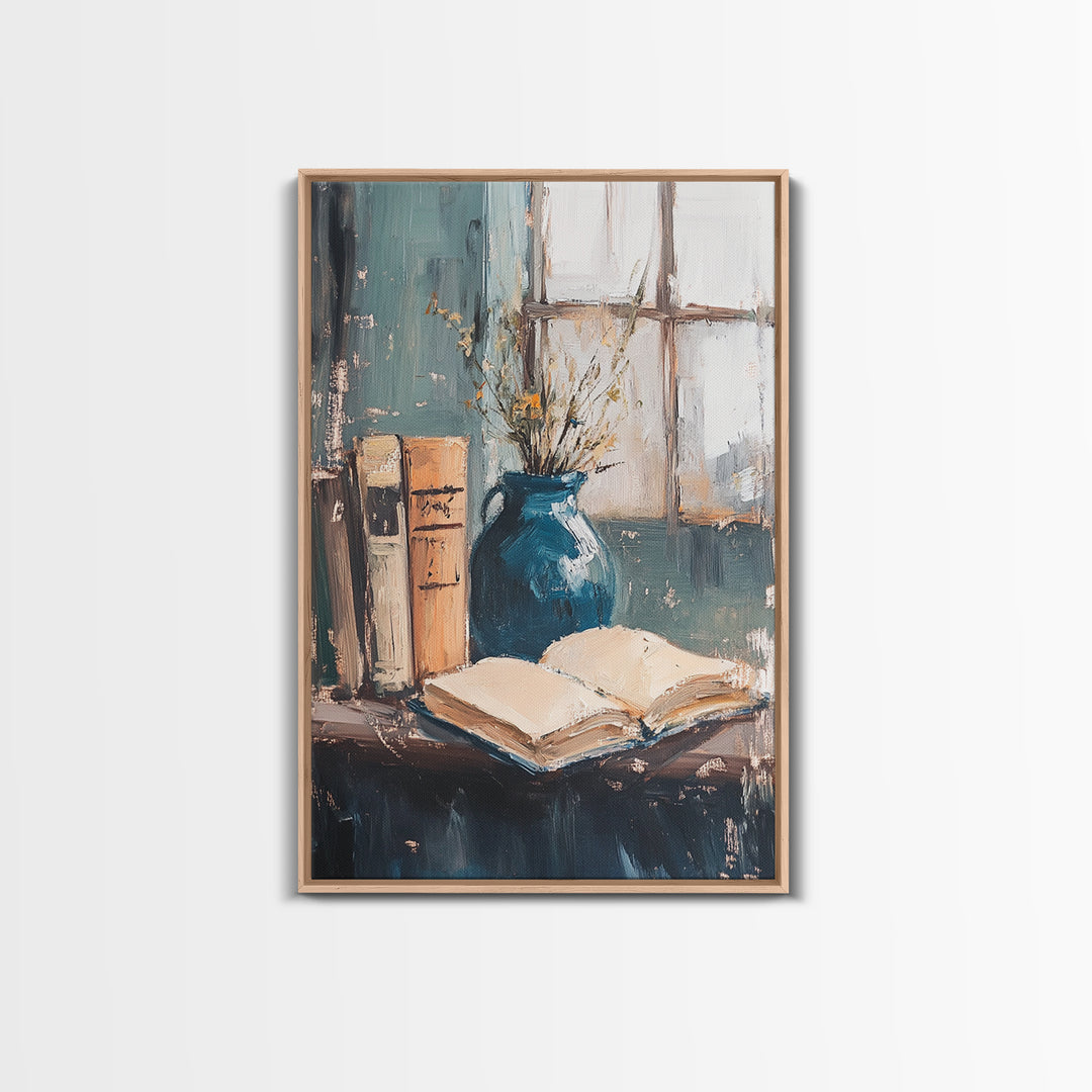 Open Book And Blue Vase Wall Art, Cozy Library Still Life, Dark Academia Decor, Reading Nook Art Print, Home Office Decor