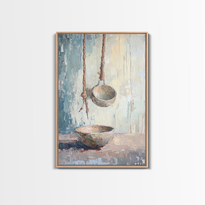 Hanging Ceramic Bowls Wall Art, Wabi Sabi Still Life Canvas Print, Neutral Rustic Kitchen Decor, Japandi Wall Decor Gift