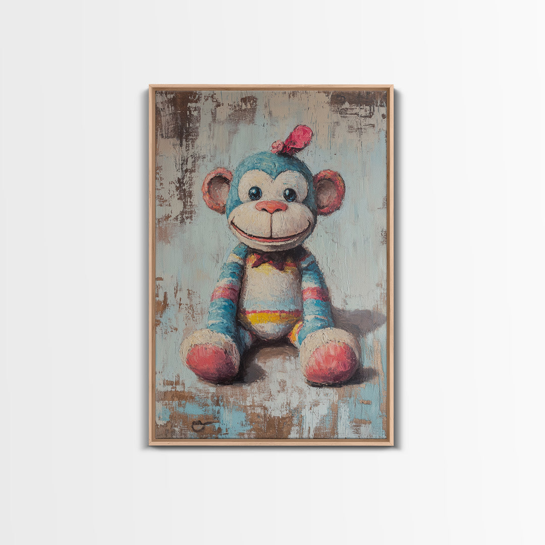 Whimsical Sock Monkey Canvas Print, Nursery Wall Art, Kids Room Decor, Cute Animal Art, Baby Shower Gift, Playroom Decor