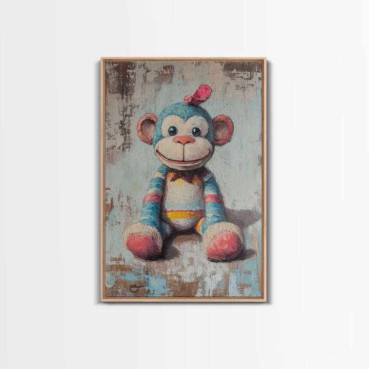 Whimsical Sock Monkey Canvas Print, Nursery Wall Art, Kids Room Decor, Cute Animal Art, Baby Shower Gift, Playroom Decor