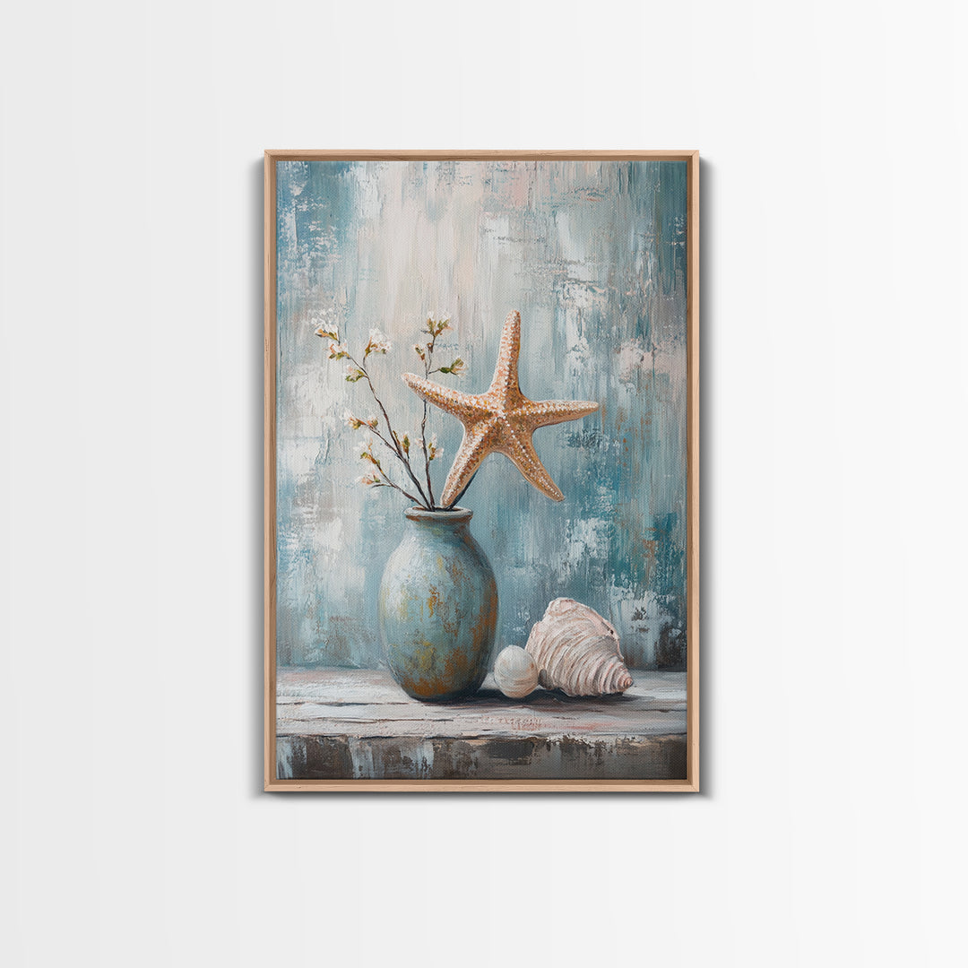 Orange Starfish Seashell And Blue Vase Coastal Wall Art, Nautical Beach Decor, Ocean Canvas Print, Serene Bathroom Art For Home