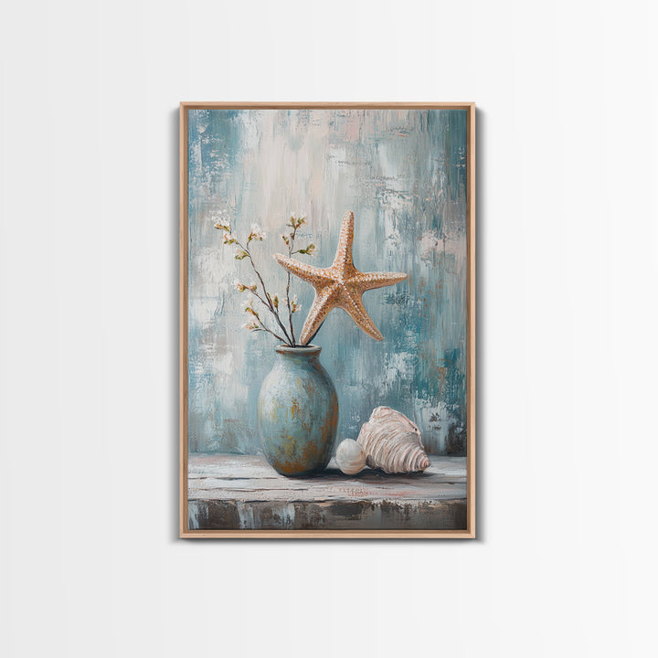 Orange Starfish Seashell And Blue Vase Coastal Wall Art, Nautical Beach Decor, Ocean Canvas Print, Serene Bathroom Art For Home