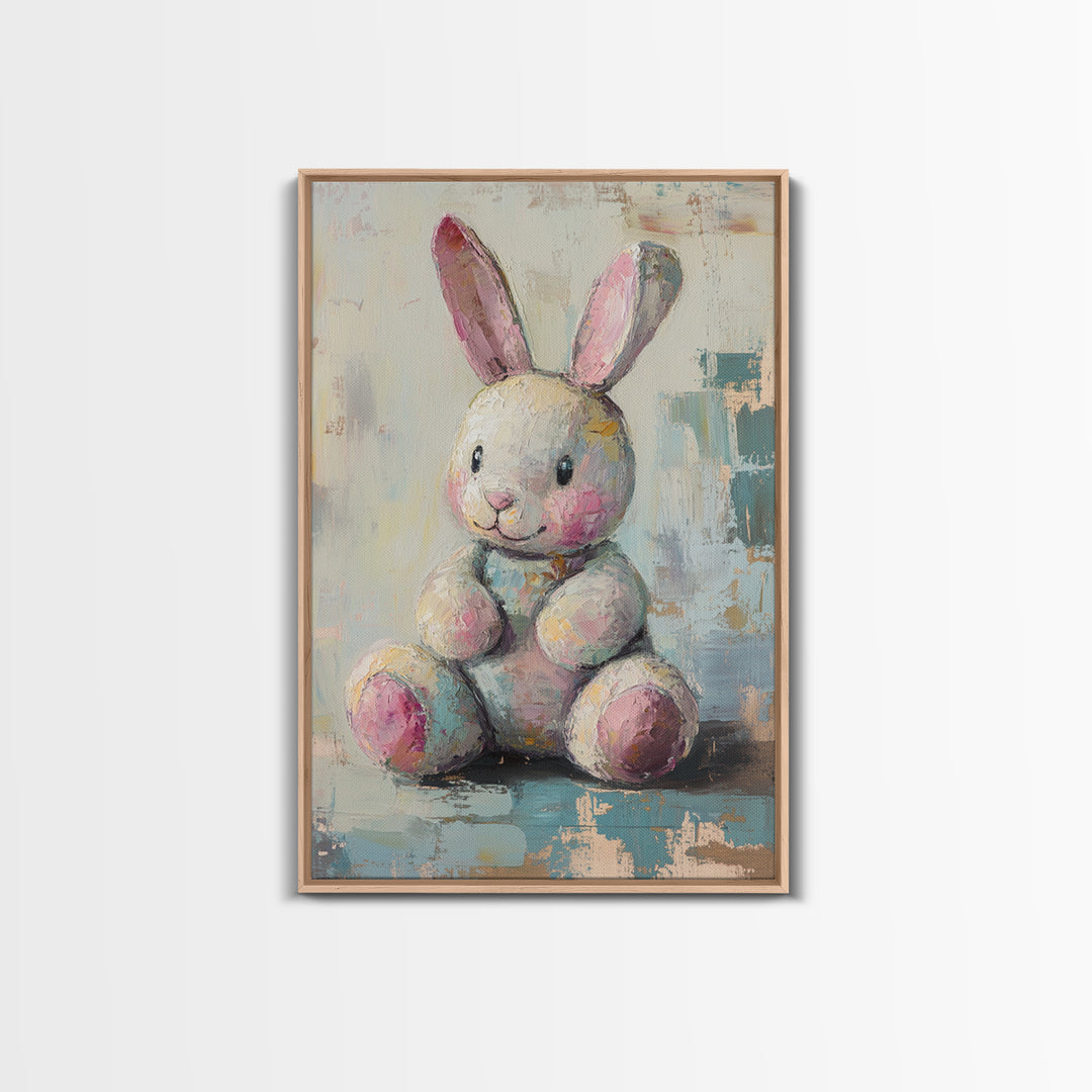 Plush Bunny Toy With Pink Ears Canvas Print, Whimsical Nursery Wall Art, Baby Girl Room Decor, Cute Animal Art, Baby Shower Gift