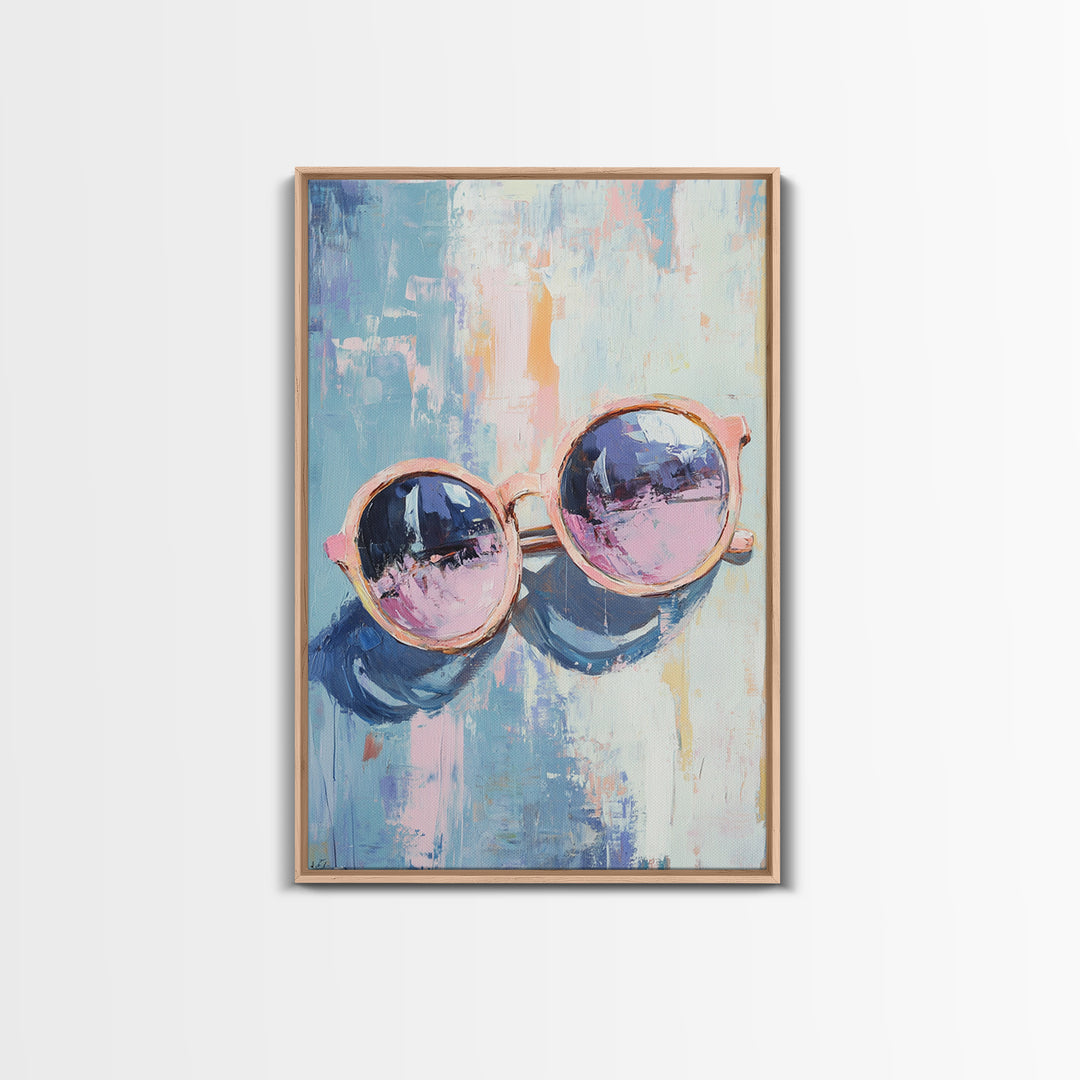 Pink Sunglasses On Blue Abstract Canvas Print, Fashion Wall Art, Dopamine Decor, Trendy Prints, Cool Girl Room Decor, Modern Wall Decor