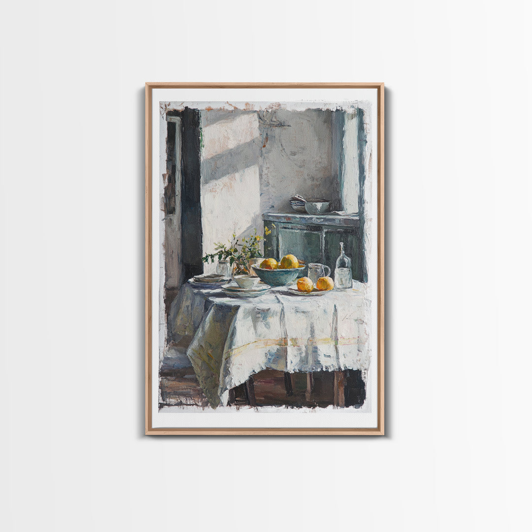Sunlit Breakfast Table With Oranges Wall Art, Rustic Kitchen Decor, French Country Print, Still Life Art, Housewarming Gift