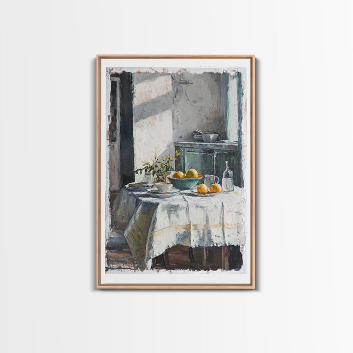 Sunlit Breakfast Table With Oranges Wall Art, Rustic Kitchen Decor, French Country Print, Still Life Art, Housewarming Gift