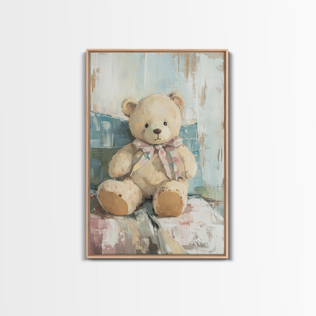 Cream Teddy Bear On Blue Pillow Framed Canvas Print, Nursery Wall Art, Kids Room Decor, Baby Shower Gift, Neutral Nursery Decor