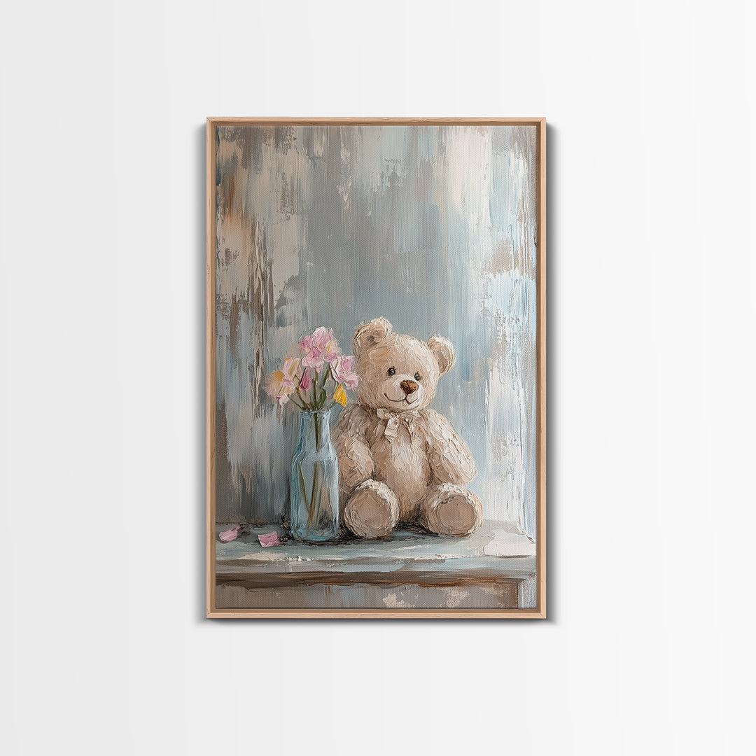 Smiling Teddy Bear With Pink Flowers Wall Art, Nursery Decor, Kids Room Art, Baby Shower Gift, Whimsical Animal Print, Girl Nursery Decor