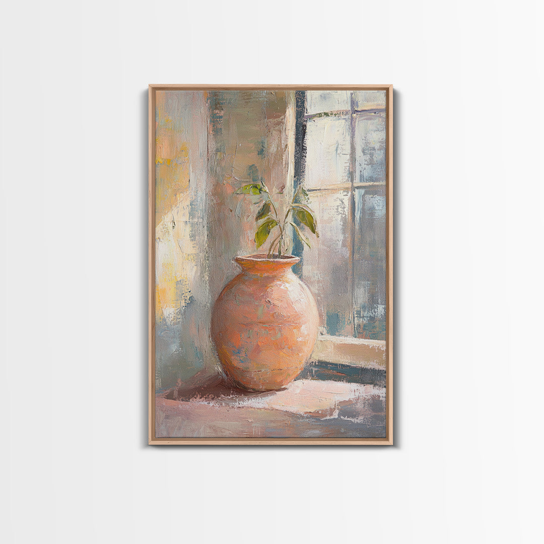 Terracotta Vase With Green Plant Framed Canvas Print, Rustic Botanical Wall Art, Neutral Home Decor, Entryway Wall Decor