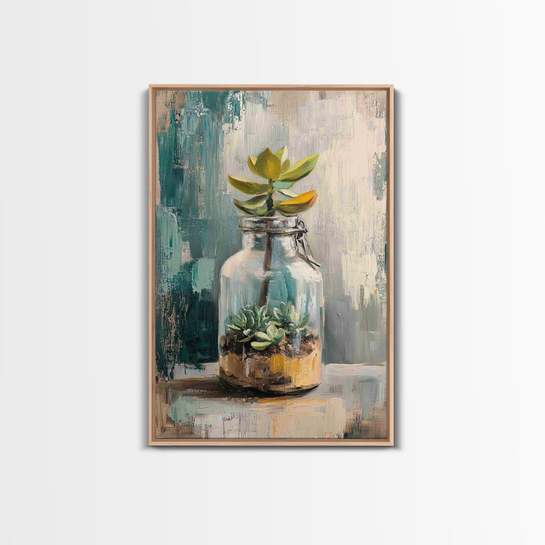 Succulent Terrarium In Glass Jar Wall Art, Botanical Canvas Print, Teal Still Life Decor, Plant Lover Housewarming Gift